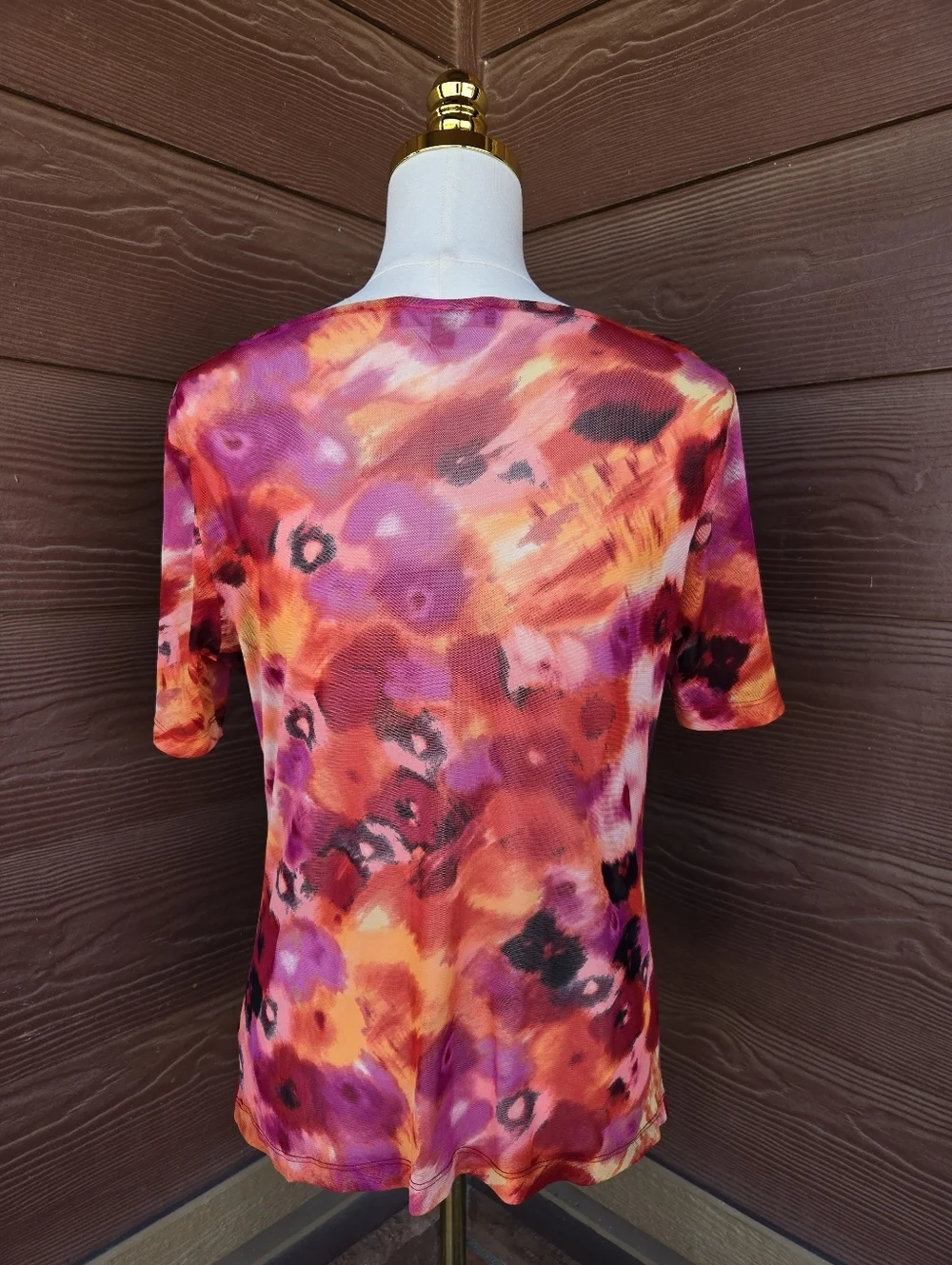 Ellen Tracy Stretch Colorful Mesh Floral Cowl Neck Women’s Top Size Medium NWOT